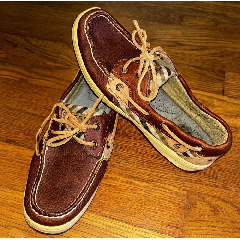 Sperry Top Sider Women's 8.5 Boat Shoes Brown Leather‎ Multicolor Plaid Slip On